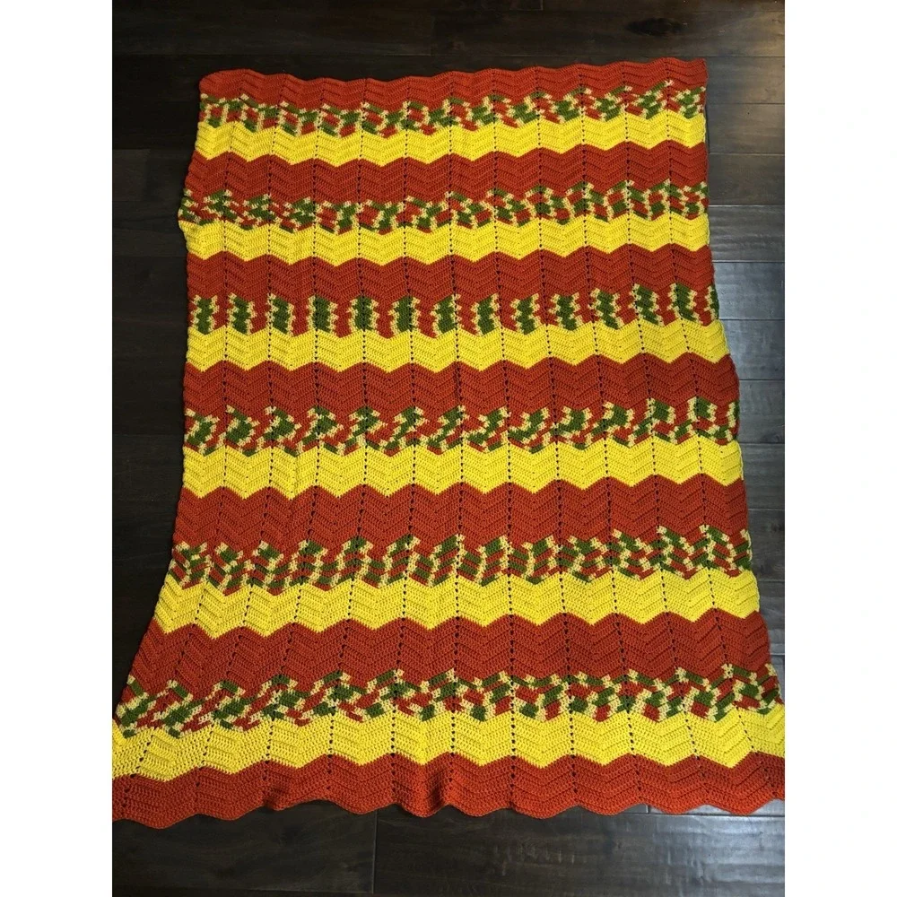 Vintage Afghan Blanket Chevron Green Yellow‎ Orange Retro Throw 72x54